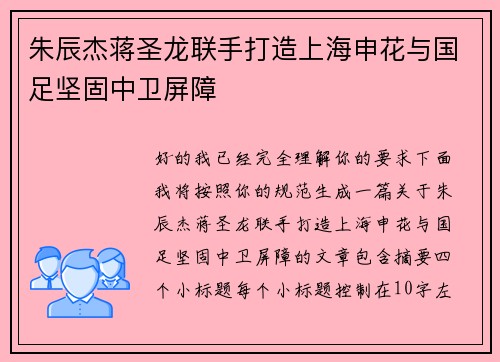 朱辰杰蒋圣龙联手打造上海申花与国足坚固中卫屏障